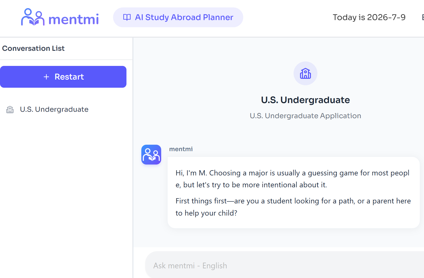 mentmi planner AI assessment conversation: M guides students through personality and interest assessment for U.S. college planning